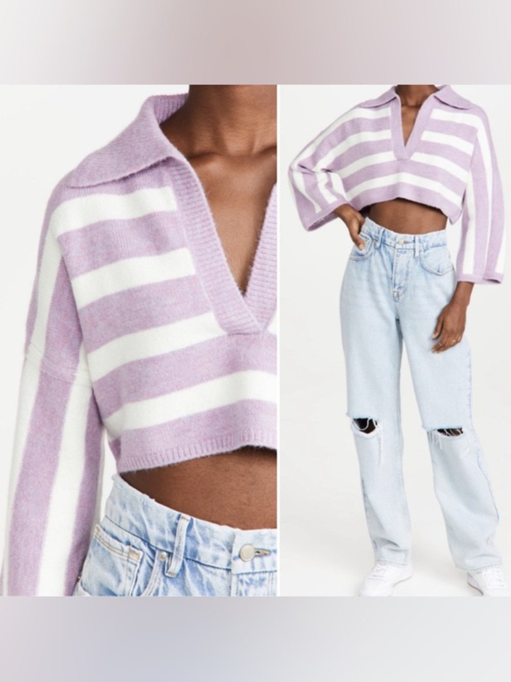 For Love And Lemons Lavender & White Striped Cropped V‑Neck Sweater